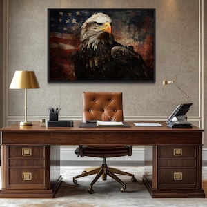 American Bald Eagle Wall Art – Rustic Patriotic Canvas With USA Flag Background for Office or Man Cave – Bold Statement Piece Ready To Hang
