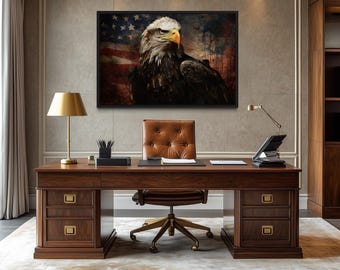 American Bald Eagle Wall Art – Rustic Patriotic Canvas With USA Flag Background for Office or Man Cave – Bold Statement Piece Ready To Hang
