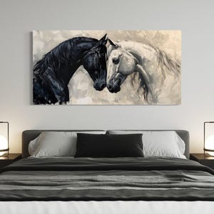 Black White Horses Love Wall Art, Abstract Horses Romantic Painting Canvas Print Framed Ready To Hang
