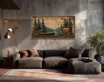 Rustic Cabin and Canoe Lake Scene Canvas Wall Art, Pine Forest Lodge and Lakehouse Wall Decor, Wilderness Rustic Nature Painting Print