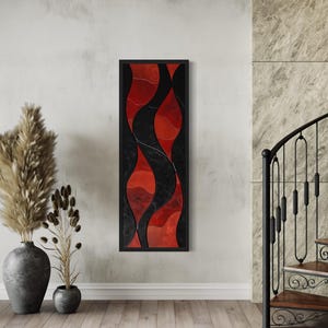 Vertical Narrow Red Black Wall Art, Geometric Swirls Abstract Painting Canvas PRINT, Modern Vertical Long Wall Hanging Framed Ready To Hang