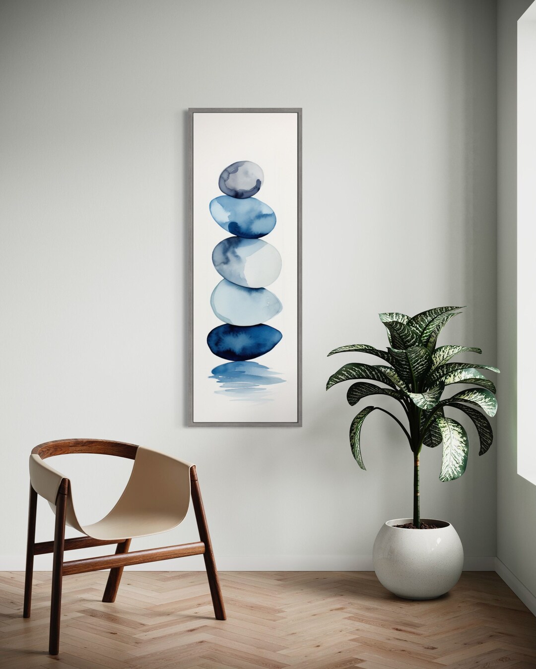 Tall Narrow Wall Art, Navy Blue Watercolor Stacked Rocks Painting Long