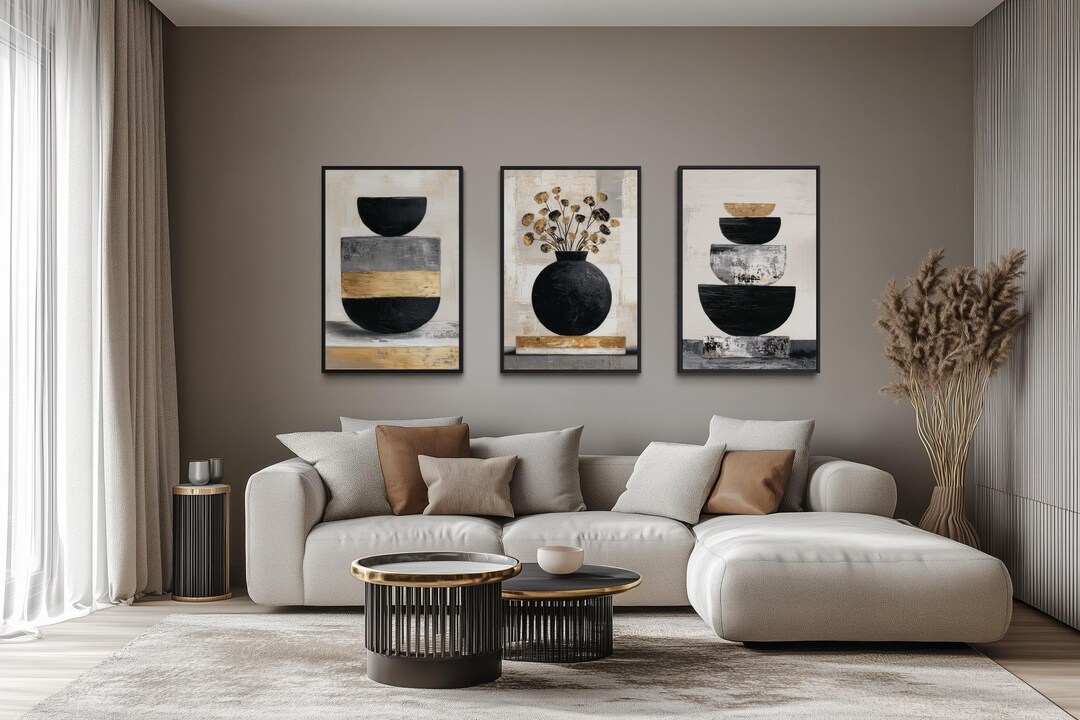Modern Boho Floral Wall Art Set of 3 – Black, Gold, and Beige Abstract ...