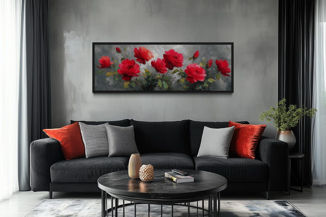 Red Flowers Wall Art - Bold Long Narrow Floral Painting Canvas Print ...