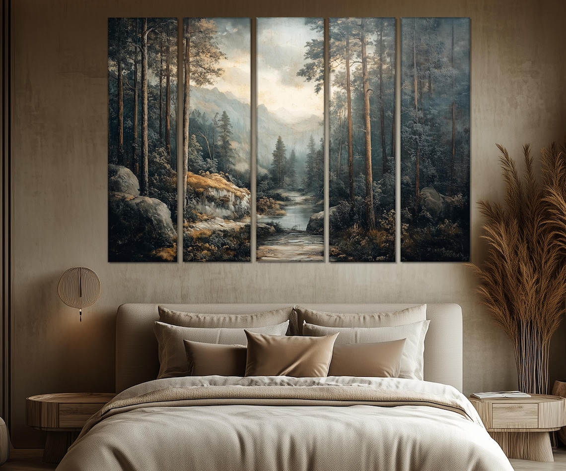 5 Piece Antique Forest River Landscape Painting Wall Art - Nature ...