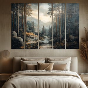 5 Piece Antique Forest River Landscape Painting Wall Art - Nature Landscape Multi-Panel Canvas Print Ready To Hang