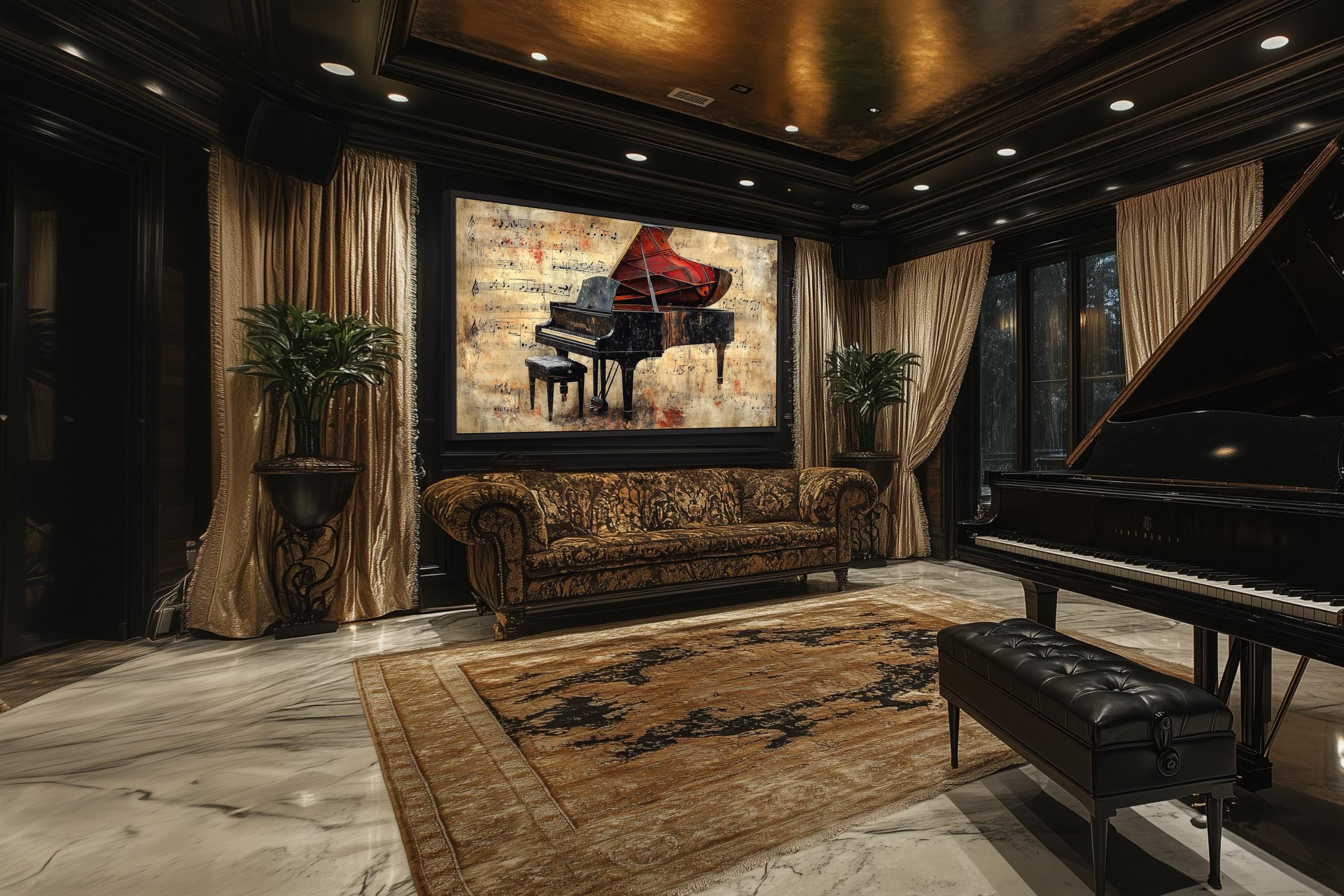 Grand Piano Wall Art With Music Notes, Vintage Style Music Room Canvas ...