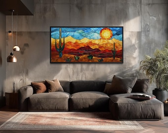 Arizona Desert Wall Art - Stained Glass Style Sonoran Desert And Saguaro Painting Canvas PRINT, Southwest Decor, Ready To Hang