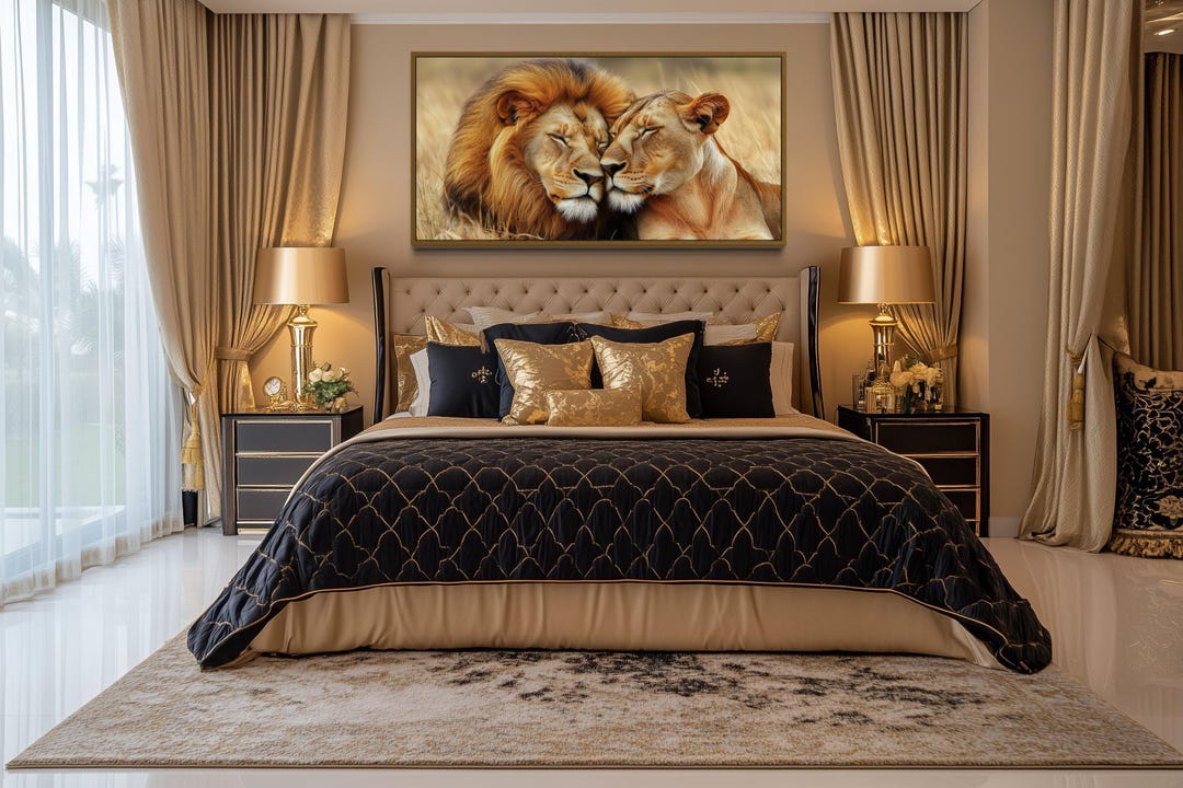 Lion and Lioness Wall Art, Photo Style Romantic Painting Canvas Print ...
