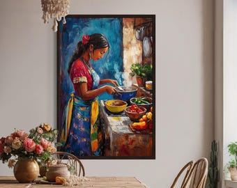Mexican Kitchen Wall Art - Mexican Woman Cooking Painting Canvas PRINT, Traditional Home Decor Framed  Ready To Hang