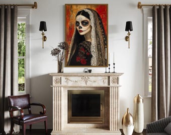 Day of The Dead Bride Wall Art, Sugar Skull Woman Painting Canvas Print, Mexican Wall Decor, El Día de los Muertos Framed Ready To Hang