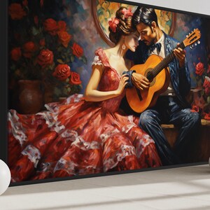 a man playing a guitar while a woman sits next to him, both dressed in formal attire. The background features a vase of red roses, adding a romantic touch to the scene.