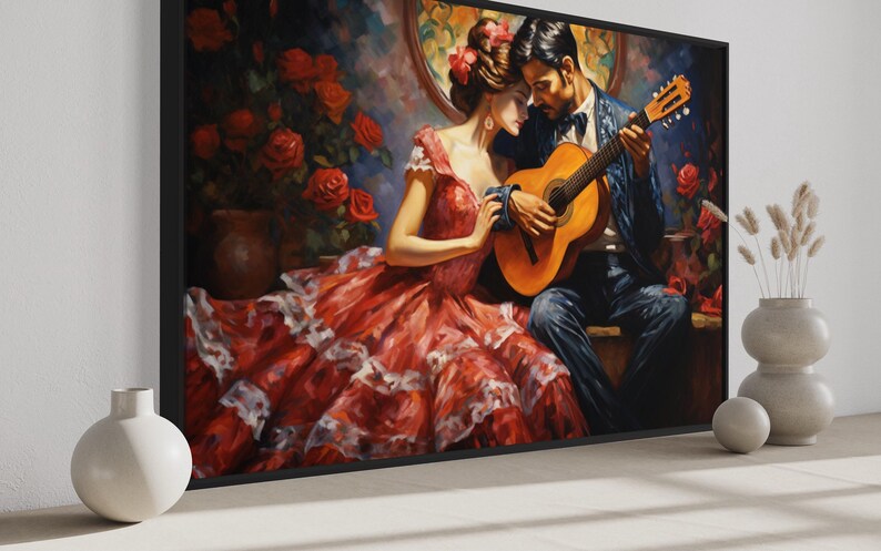 a man playing a guitar while a woman sits next to him, both dressed in formal attire. The background features a vase of red roses, adding a romantic touch to the scene.