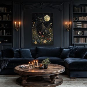 a cozy and elegant living room with dark wood paneling, a large blue sectional sofa, a wooden coffee table, and a framed artwork of a wolf under a moonlit sky. The room is filled with bookshelves, and there are lit candles on the coffee table, creating a warm and inviting atmosphere.