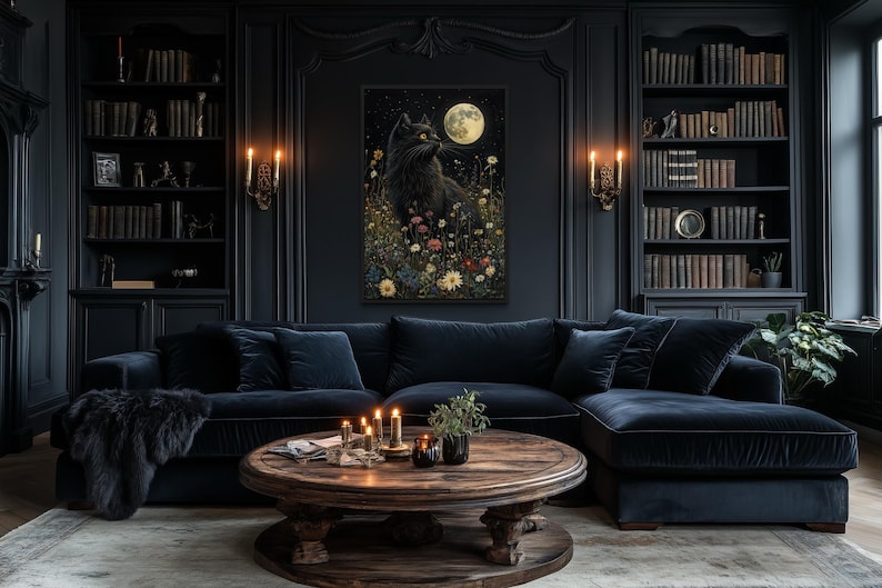 a cozy and elegant living room with dark wood paneling, a large blue sectional sofa, a wooden coffee table, and a framed artwork of a wolf under a moonlit sky. The room is filled with bookshelves, and there are lit candles on the coffee table, creating a warm and inviting atmosphere.