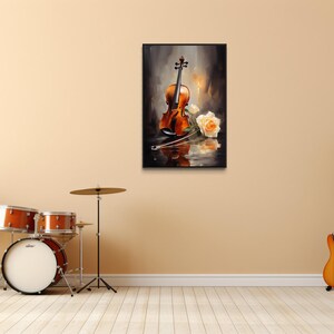 a wall with a framed painting of a violin, a drum set, and a guitar, all set against a beige wall.