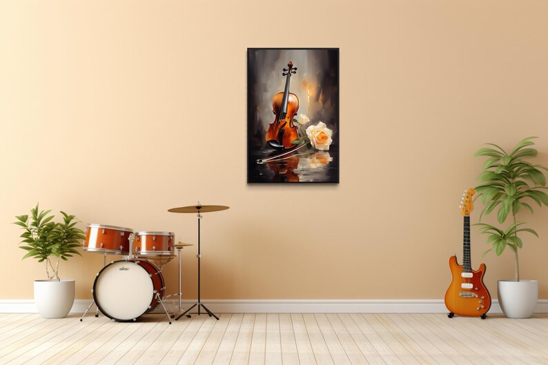 a wall with a framed painting of a violin, a drum set, and a guitar, all set against a beige wall.