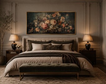 Antique Framed European Floral  Tapestry Canvas Wall Art, Floral Weathered Rug Painting Canvas Print Sage Green Decor Ready To Hang