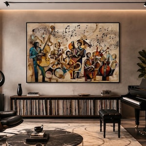 May include: A large rectangular wall art piece featuring a stylized abstract painting of a jazz band with musicians playing instruments like a double bass and saxophone, accented by floating musical notes in shades of brown, blue, and gold.