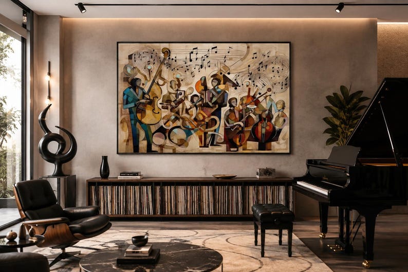 May include: A large rectangular wall art piece featuring a stylized abstract painting of a jazz band with musicians playing instruments like a double bass and saxophone, accented by floating musical notes in shades of brown, blue, and gold.