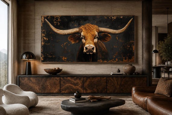 Rustic Texas Longhorn Cow Extra Large Wall Art - Farmhouse, Living Room Art - Wood Effect Canvas Print Framed, Ready To Hang