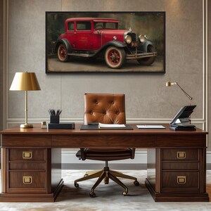 Vintage Red Car Wall Art Rustic Antique Auto Canvas Print for Office Man Cave Garage Decor Wall Hanging