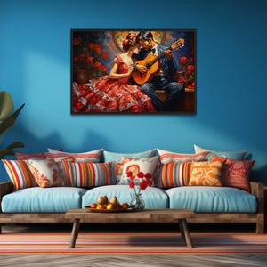a cozy living room with a blue wall, a wooden coffee table, a couch with colorful pillows, and a framed painting of a couple playing guitar. There is also a guitar and a potted plant in the room.
