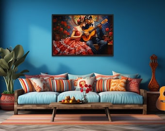Mexican Wall Art, Romantic Wall Decor Couple With Guitar Colorful Traditional Mexican Painting Canvas PRINT, Music Art Framed Ready To Hang