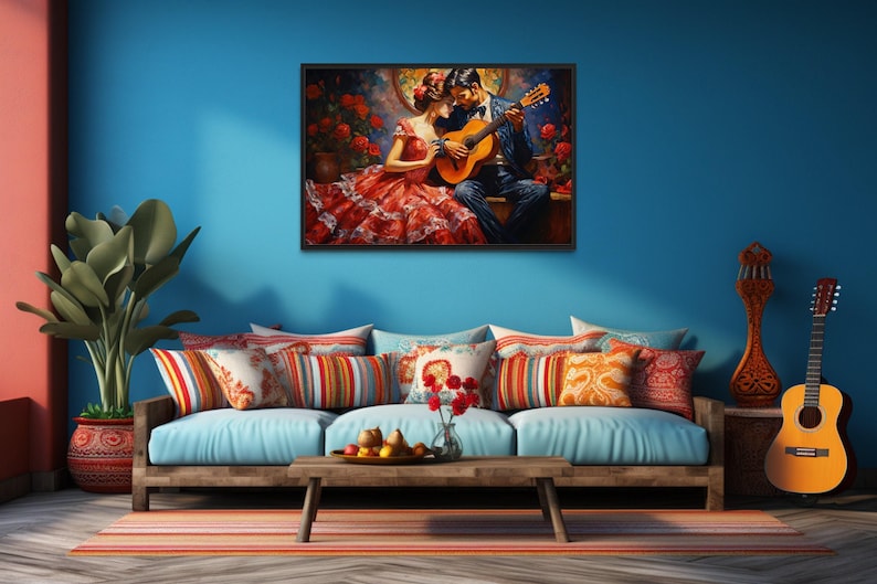 a cozy living room with a blue wall, a wooden coffee table, a couch with colorful pillows, and a framed painting of a couple playing guitar. There is also a guitar and a potted plant in the room.