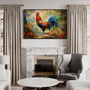 a large painting of a rooster hanging on the wall above a fireplace in a living room.