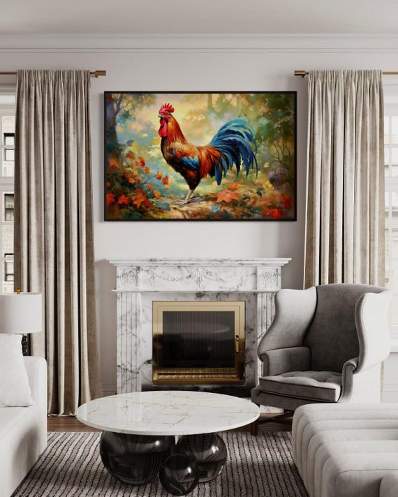 Rooster Painting Canvas PRINT, Farmhouse Wall Art,  Farm Birds Rural Wall Decor Framed/Unframed Ready To Hang