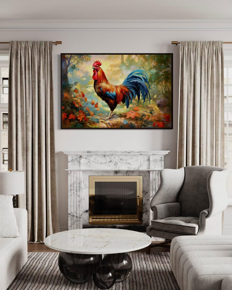 a large painting of a rooster hanging on the wall above a fireplace in a living room.