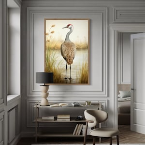 Vintage Sandhill Crane Wall Art, Coastal Water Birds Painting Canvas Print, Lake House Wall Art, Beach House Decor Framed Ready To Hang