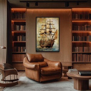 Vintage Pirate Ship Painting On Antique Treasure Map - Nautical Wall Art, Man Cave Decor Framed Unframed Ready To Hang