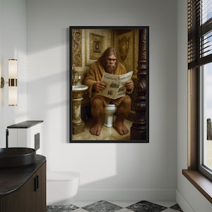 Funny Bigfoot On Toilet Bathroom Wall Art, Sasquatch Reading Newspaper Photograph Canvas Print Framed Ready To Hang