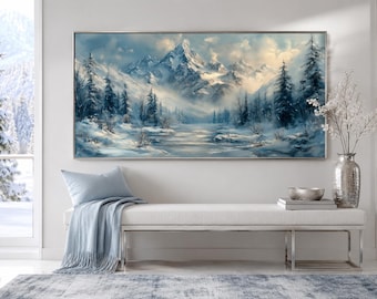 Winter Mountain Landscape Wall Art – Snowy Alpine Lake Painting Canvas Print, Blue White Nature Artwork for Neutral Living Room Décor
