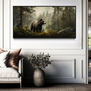 Brown Grizzly Bear Foggy Forest Painting Canvas Print, Bear Wall Art, Lodge Decor, Rustic Cabin Wall Decor, Extra Large Animal Wall Art