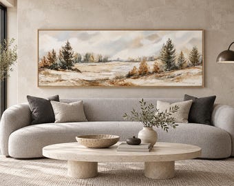 Neutral Landscape Wall Art Canvas Print, Long Horizontal Beige Brown Green Nature Panorama, Rustic Farmhouse Living Room Wall Decor