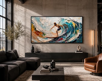 Surfing Wall Art, Abstract Surfer Riding Big Wave Painting Canvas PRINT, Coastal Adventure Art, Ocean Wall Decor Framed Ready To Hang
