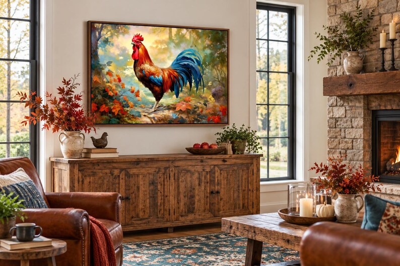 May include: A rectangular wall art print featuring a vibrant rooster with red, orange, and blue plumage standing in a forest setting with autumn leaves. The artwork is enclosed in a thin brown frame and displayed above a wooden sideboard.
