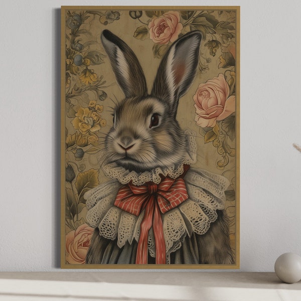 Retro Bunny Wall Art, Victorian Rabbit Painting Canvas Print, Rustic Wall Decor, Farmhouse Easter Artwork Framed Unframed Ready To Hang