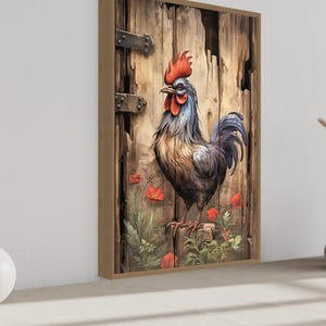 a large wooden door with a rooster standing on it, surrounded by flowers and plants. There are two white vases on a shelf next to the door, and a painting of a rooster is displayed on the wall.
