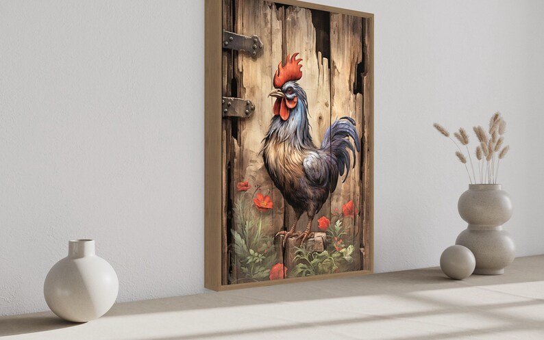 a large wooden door with a rooster standing on it, surrounded by flowers and plants. There are two white vases on a shelf next to the door, and a painting of a rooster is displayed on the wall.