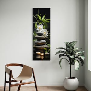 Tall Narrow Vertical Zen Wall Art, Stacked Rocks Candle Bamboo Painting Long Vertical Canvas PRINT, Yoga Spa Wall Decor Ready To Hang