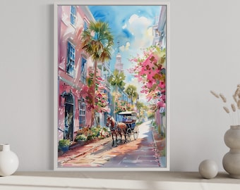 Arte de parede de Charleston, pintura em aquarela de carruagem puxada por cavalos na rua, tela ou impressão de arte fina, arte de viagem de Charleston emoldurada e pronta para pendurar.