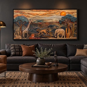 African Wildlife Wall Art, Savanna Landscape With Elephants, Giraffe, Lion Layered Wood Style Painting Canvas PRINT, Framed, Ready To Hang