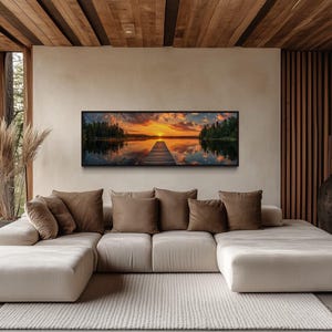 Lake House Wall Art, Sunrise Over Lake And Fishing Pier Long Horizontal Painting Canvas PRINT,  Above Bed Cabin Decor Framed Ready To Hang