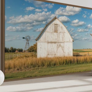 White Barn Wall Art, Rustic Country Farm Landscape With Windmill Painting Canvas Print, Farmhouse Wall Decor Framed Ready To Hang