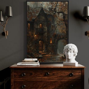 Haunted Victorian House Painting Canvas PRINT, Gothic Wall Art, Halloween Wall Art, Dark Academia Moody Decor Framed Ready To Hang