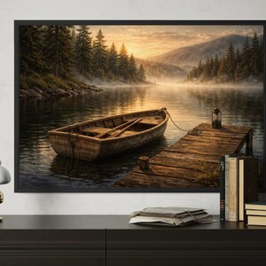 May include: A framed landscape print depicts a serene lake scene with a wooden rowboat tied to a dock. The artwork features a misty atmosphere, with trees lining the shore and mountains in the distance. A lantern sits on the dock, and the sky is illuminated by the sunrise.